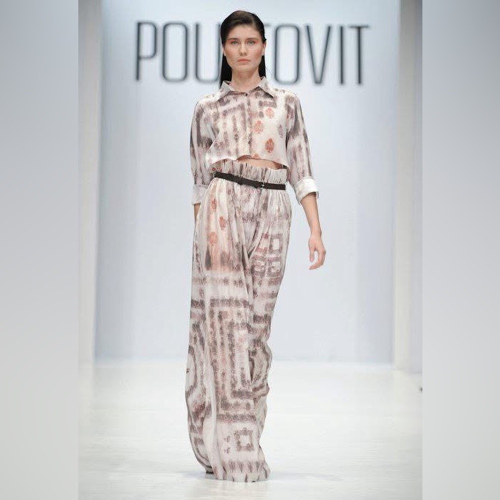 Poustovit Designer Runway Custom Print Silk Long Sleeve Maxi Dress Size M / L